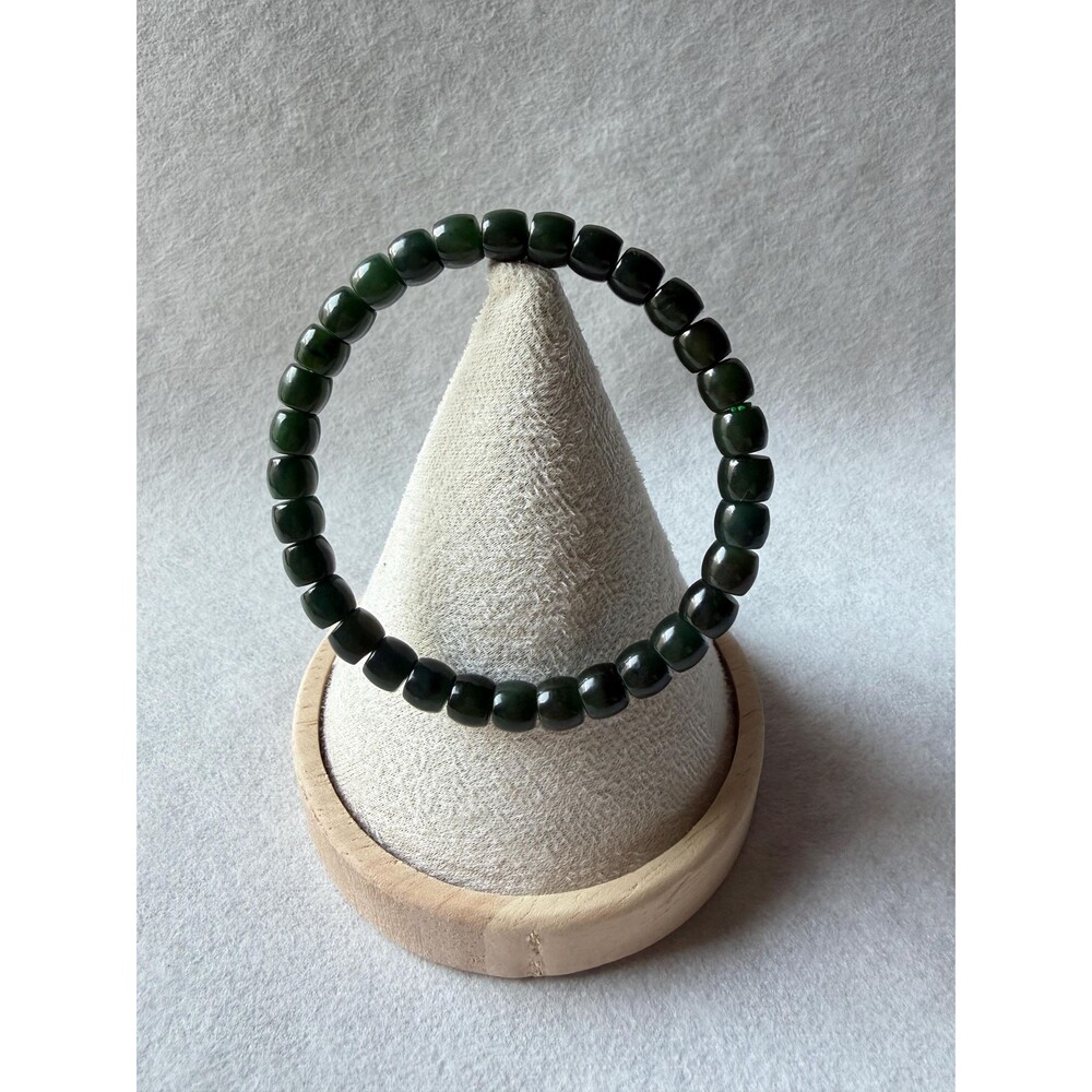Natural Green Jade Barrel Bead Bracelet Nephrite Stacking Bracelet Deep Forest